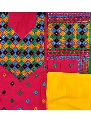Fuchsia-Rose and Yellow Phulkari Hand-Embroidered Salwar Kameez Fabric from Punjab