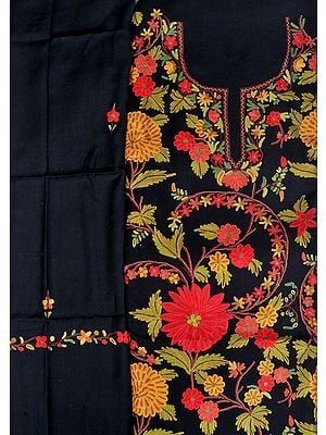 Jet-Black Salwar Kameez Fabric from Kashmir with Aari Hand-Embroidered Flowers