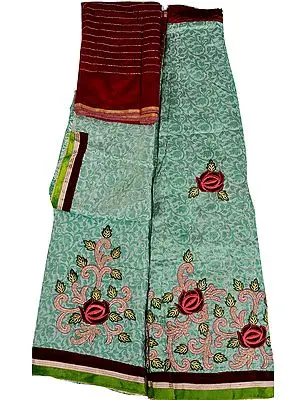 Zephyr-Green Designer Banarasi Lehenga Choli Fabric with Metallic-Thread Embroidery and Velvet Applique