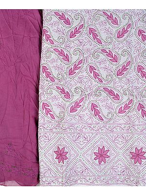 White and Mauve Salwar Kameez Fabric with From Lucknow with Chikan-Embroidered Paisleys by Hand