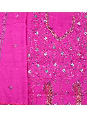 Raspberry-Rose Tusha Salwar Kameez Fabric from Kashmir with Sozni Embroidery by Hand