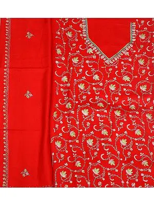 Tomato-Red Tusha Salwar Kameez Fabric from Kashmir with Needle-Embroidered Maple Leaves by Hand