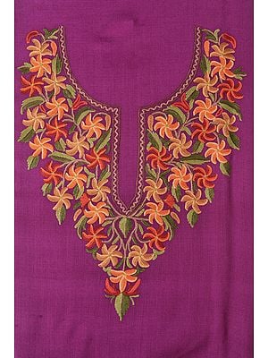 Dahlia-Colored Two-Piece Salwar Kameez Fabric from Kashmir with Aari Hand-Embroidered Flowers on Neck