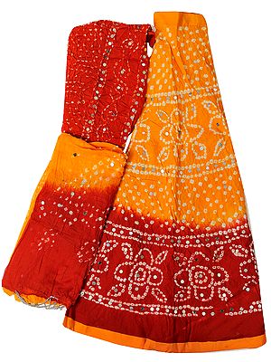 Radiant-Yellow and Red Bandhani Tie-Dye Lehenga Choli from Jaipur with Large Sequins