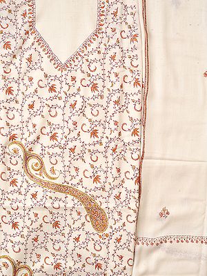 Whisper-White Tusha Salwar Kameez Fabric from Kashmir with Needle Hand-Embroidery All-Over