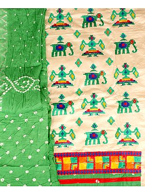 Salwar Kameez Fabric from Gujarat with Embroidered Ikat Motifs and Bandhani Dupatta