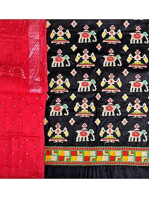 Salwar Kameez Fabric from Gujarat with Embroidered Ikat Motifs and Bandhani Dupatta