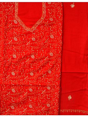 Fiery-Red Tusha Salwar Kameez Fabric from Kashmir with Sozni Hand-Embroidery All-Over