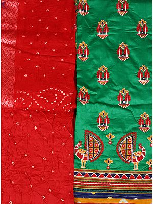 Green and Red Salwar Kameez Fabric from Gujarat with Embroidery and Mirrors