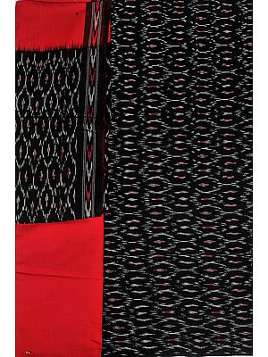 Black and Red Salwar Kameez Fabric from Pochampally with Ikat Weave