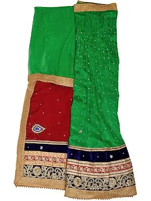 Fern-Green and Maroon Lehenga Choli Fabric with Embroidered Velvet Patch Border and Bootis