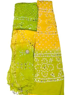 Bandhani Tie-Dye Lehenga Choli Fabric from Jaipur with Large Sequins and Hanging Shells on Dupatta