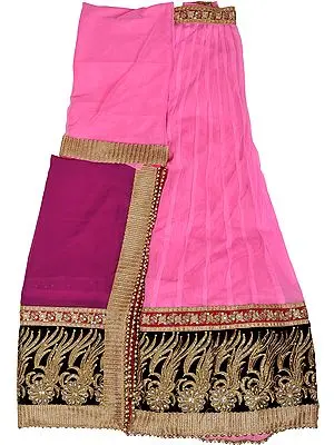 Light-Pink and Boysenberry Lehenga Choli Fabric with Embroidered Velvet Patch Border and Stone-Work