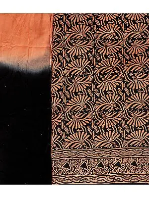 Black and Peach-Bloom Salwar Kameez Fabric with Lukhnawi Chikan Embroidery by Hand