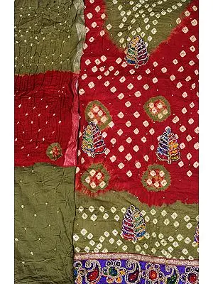 Bandhani Tie-Dye Double-Shaded Salwar Kameez Fabric from Gujarat with Embroidered Leaves
