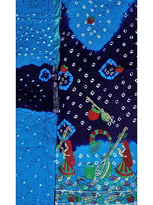 Bandhani Tie-Dye Double-Shaded Salwar Kameez Fabric from Gujarat with Embroidered Musical Instruments