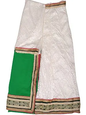 Egret-White and Green Lehenga Choli Fabric with Self-Weave and Embroidered Patch Border