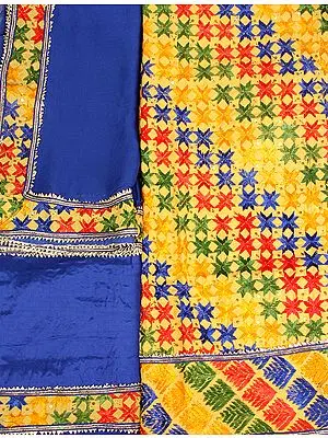 Yellow and Blue Phulkari Hand-Embroidered Salwar Kameez Fabric from Punjab with Sequins and Gota Lace