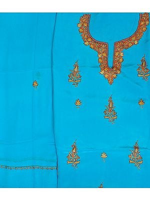 Blue-Atoll Salwar Kameez Fabric from Kashmir with Sozni Embroidery by Hand