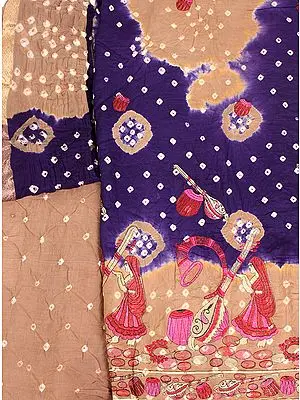 Bandhani Tie-Dye Salwar Kameez Fabric from Gujarat with Embroidered Musical Instruments