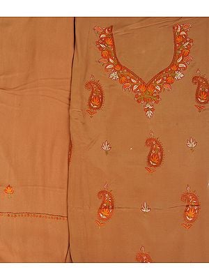 Bone-Brown Salwar Kameez Fabric from Kashmir with Sozni Hand-Embroidered Paisleys