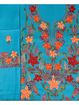 Blue-Mist Salwar Kameez Fabric from Kashmir with Aari-Embroidered Flowers