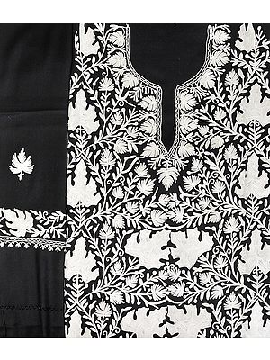Black and White Salwar Kameez Fabric from Kashmir with Aari-Embroidered Maple Leaves All-Over