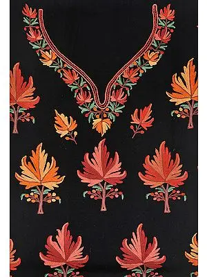 Jet-Black Two-Piece Salwar Kameez Fabric from Kashmir with Aari Hand-Embroidered Maple Leaves