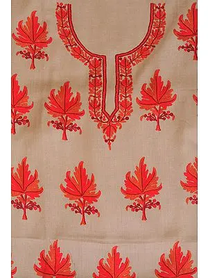 Plaza-Taupe Two-Piece Salwar Kameez Fabric from Kashmir with Aari Hand-Embroidered Maple Leaves