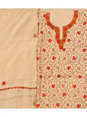 Alabaster-Gleam Salwar Kameez Fabric from Kashmir with Sozni Hand-Embroidered Maple Leaves