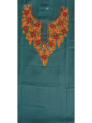 Oil-Blue Two-Piece Salwar Kameez Fabric from Kashmir with Aari Hand-Embroidered Flowers on Neck