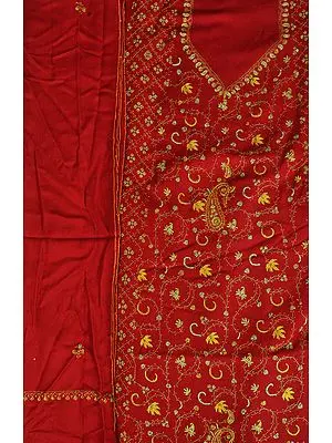 Garnet-Red Tusha Salwar Kameez Fabric from Kashmir with Sozni Hand-Embroidery All-Over