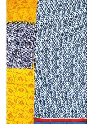 Blue and Yellow Printed Salwar Kameez Fabric with Striped Border