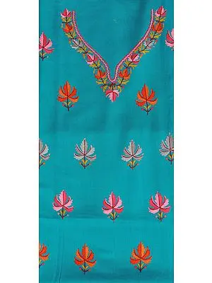 Tile-Blue Two-Piece Salwar Kameez Fabric from Kashmir with Aari Hand-Embroidered Chinar Leaves