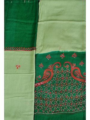 Green and Meadow Double-Shaded Tusha Salwar Kameez Fabric from Kashmir with Sozni Hand-Embroidery and Paisleys