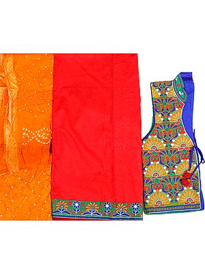 Red and Apricot Four-Piece Salwar Kameez Fabric from Gujarat with Self-Weave Flowers and Embroidered Bolero Jacket