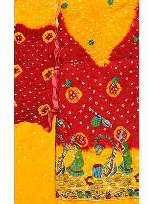 Citrus and Red Bandhani Tie-Dye Double-Shaded Salwar Kameez Fabric from Gujarat with Embroidered Musical Troupe