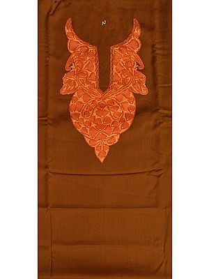 Bronze-Brown Plain Two-Piece Salwar Kameez Fabric from Kashmir with Aari Hand-Embroidered Neck