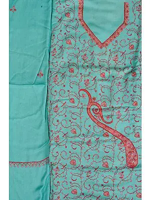 Ocean-Wave Tusha Salwar Kameez Fabric from Kashmir with Sozni Hand-Embroidery All-Over