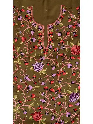 Gothic-Olive Two-Piece Salwar Kameez Fabric from Kashmir with Floral Embroidery by Hand