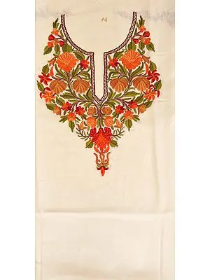 Ivory Two-Piece Salwar Kameez Fabric from Kashmir with Aari Hand-Embroidery on Neck