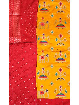 Marigold and Red Salwar Kameez Fabric from Gujarat with Embroidered Ikat Motifs and Bandhani Print