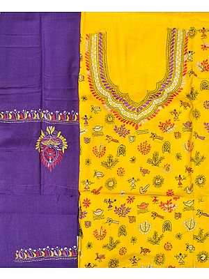 Yellow and Purple Salwar Kameez Fabric from Kolkata with Kantha Hand-Embroidery