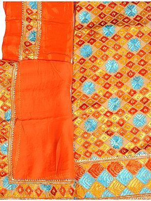 Beige and Orange Phulkari-Embroidered Salwar Kameez Fabric from Punjab with Sequins