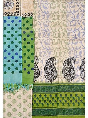 Cream and Green Salwar Kameez Fabric from Bengal with Printed Paisleys
