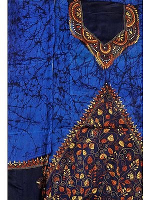 Blue and Black Batik Salwar Kameez Fabric from Kolkata with Kantha Hand-Embroidery
