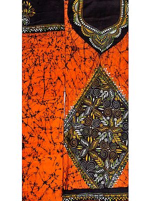 Orange and Black Batik Salwar Kameez Fabric from Kolkata with Kantha Hand-Embroidery