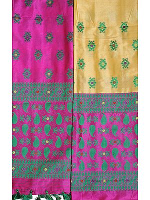 Italian-Straw and Rosebud Kameez Fabric with Dupatta from Assam with Woven Bootis and Paisleys (Two Piece)