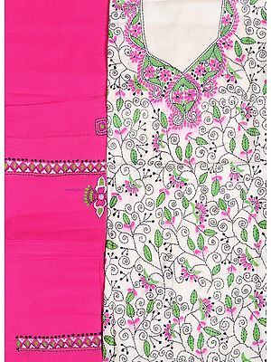White and Pink Kantha Hand-Embroidered Salwar Kameez Fabric from Kolkata