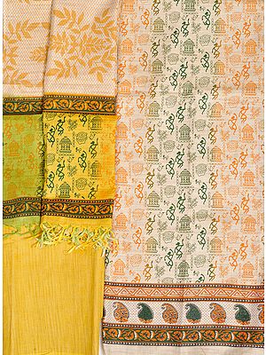 Cream and Yellow Salwar Kameez Fabric from Bengal with Printed Warli Folk-Motifs